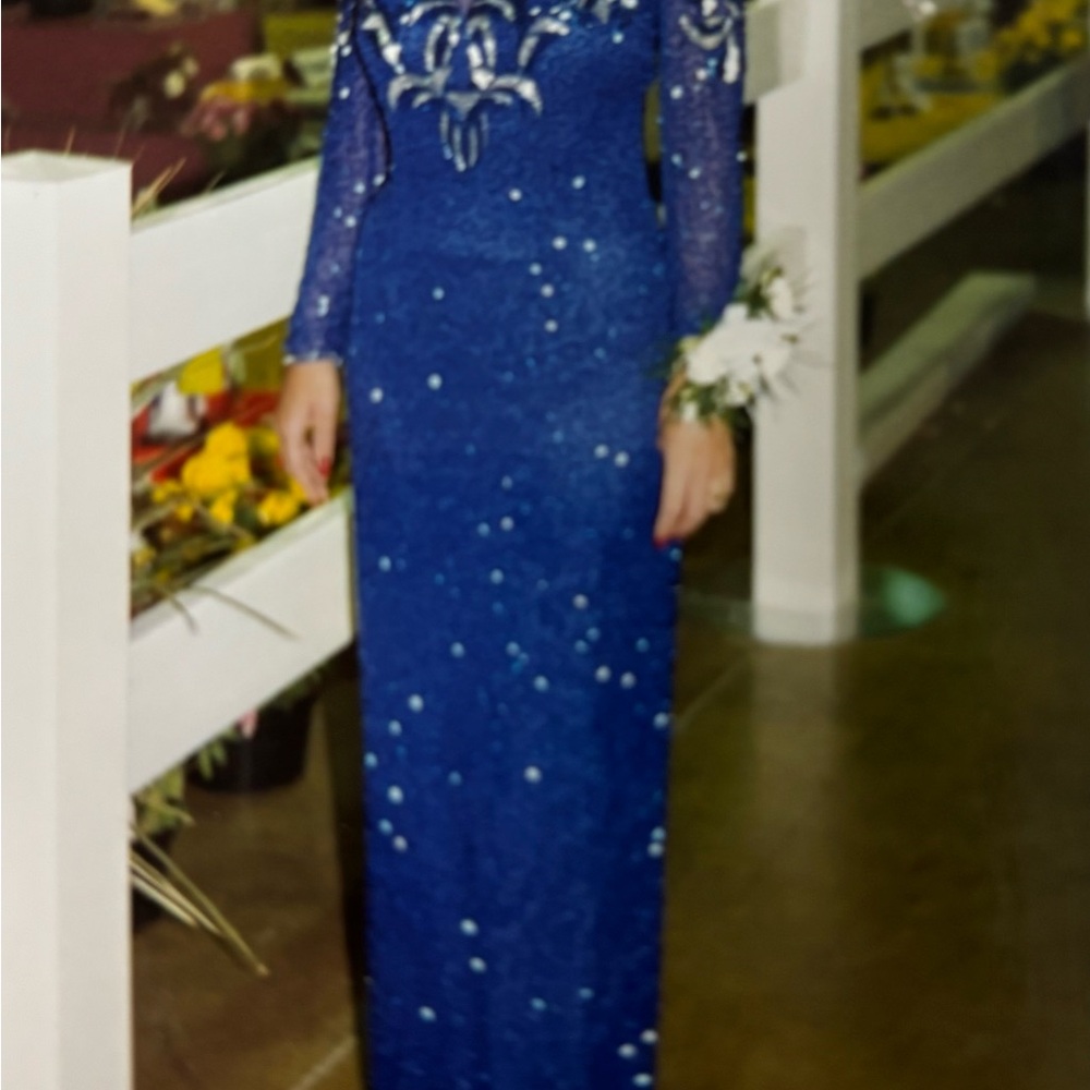 Blue and silver sequin dress. The pattern is beautiful.